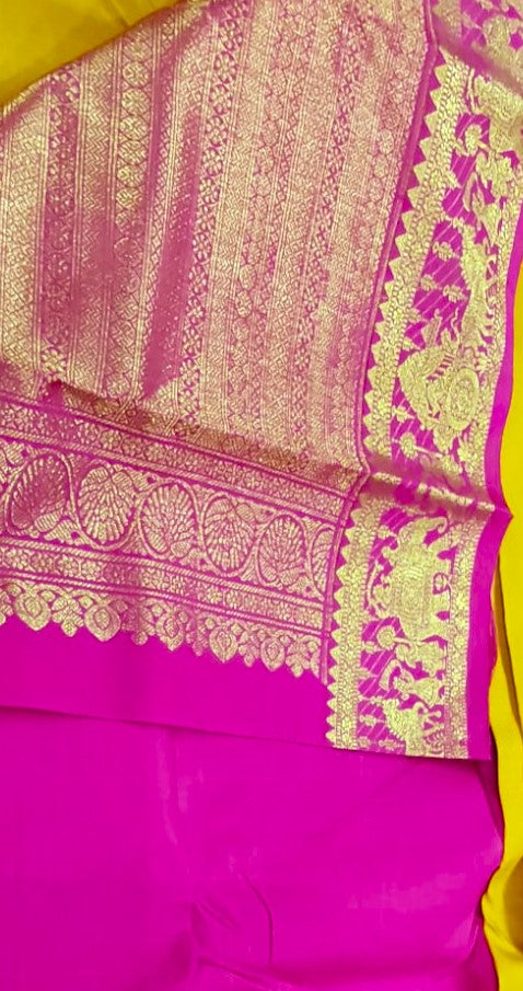 Budget Kanchipuram Silk Saree(Yellow color saree and red mixed pink color border)