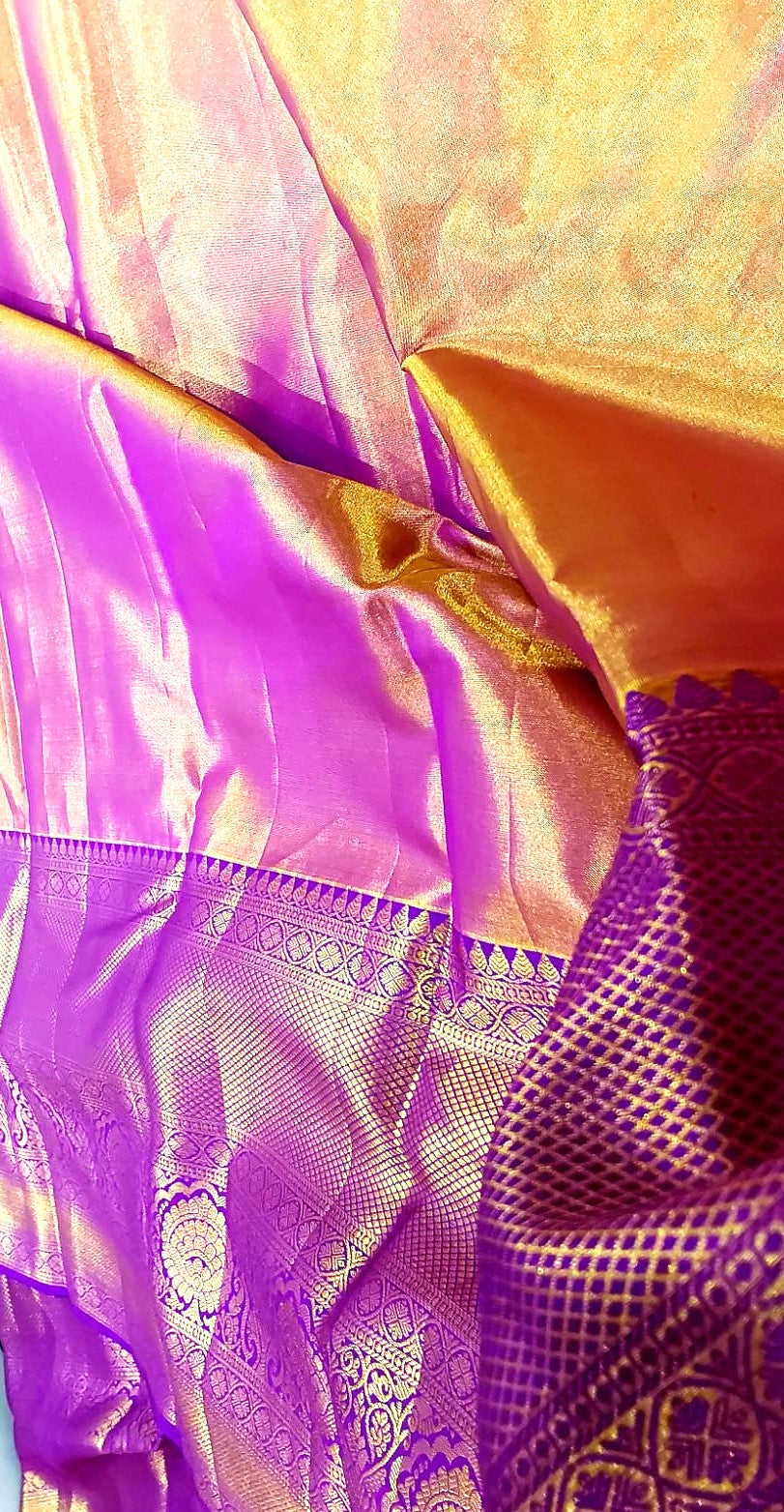 Budget Kanchipuram Silk Saree(yellow color saree with purple color border)