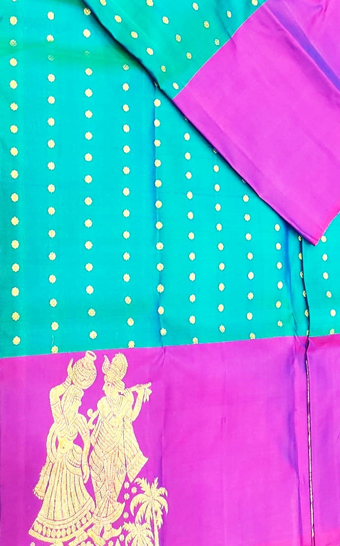 Budget Kanchipuram Silk Saree(Mixed Green with blue color saree purple border)
