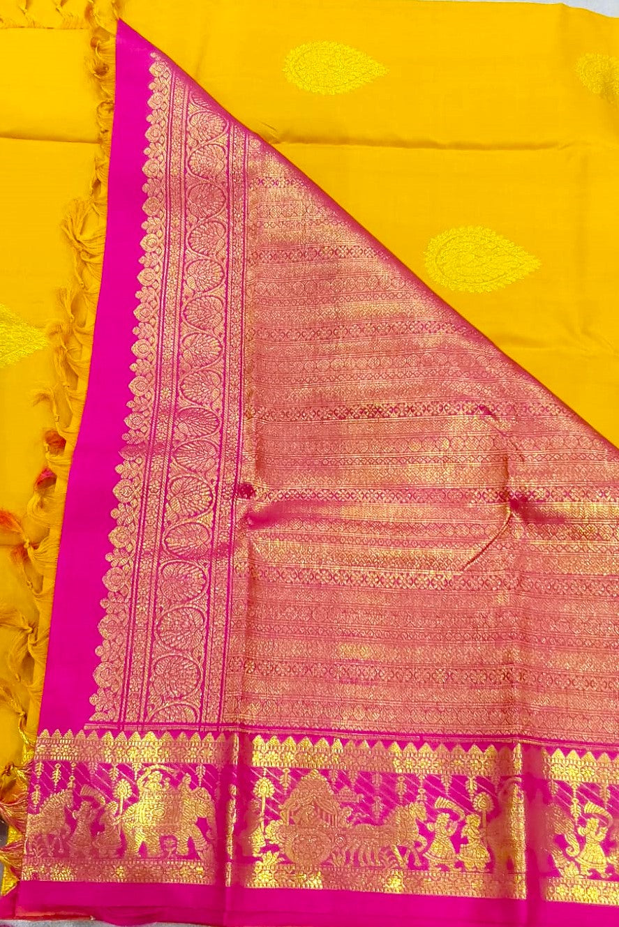 Budget Kanchipuram Silk Saree(Yellow color saree and red mixed pink color border)