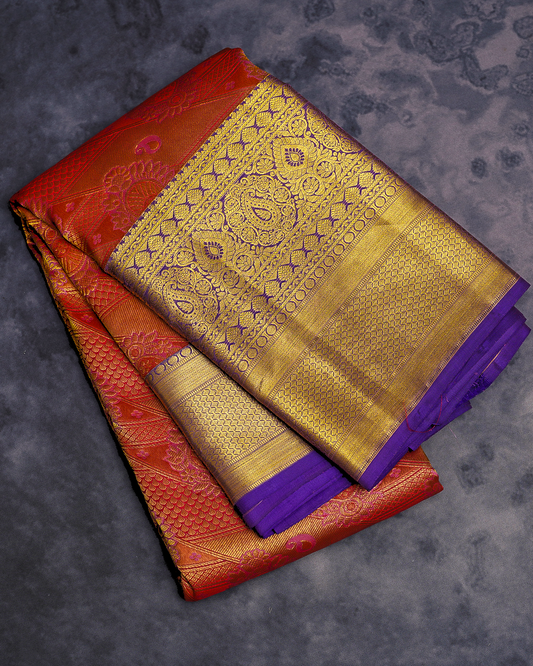 Grand Jacquard Wedding Saree in Orange with Violet Border