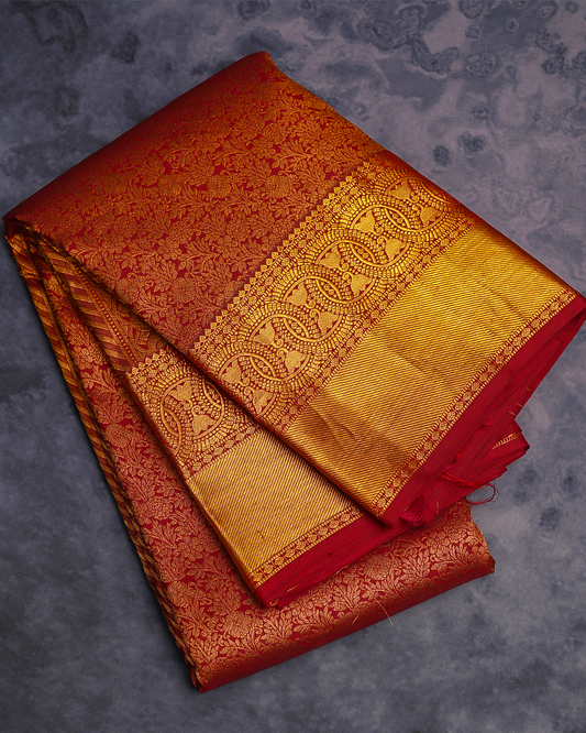 Chilli Red Kanchi Silk Wedding Saree with Jacquard Kodi Malar Design