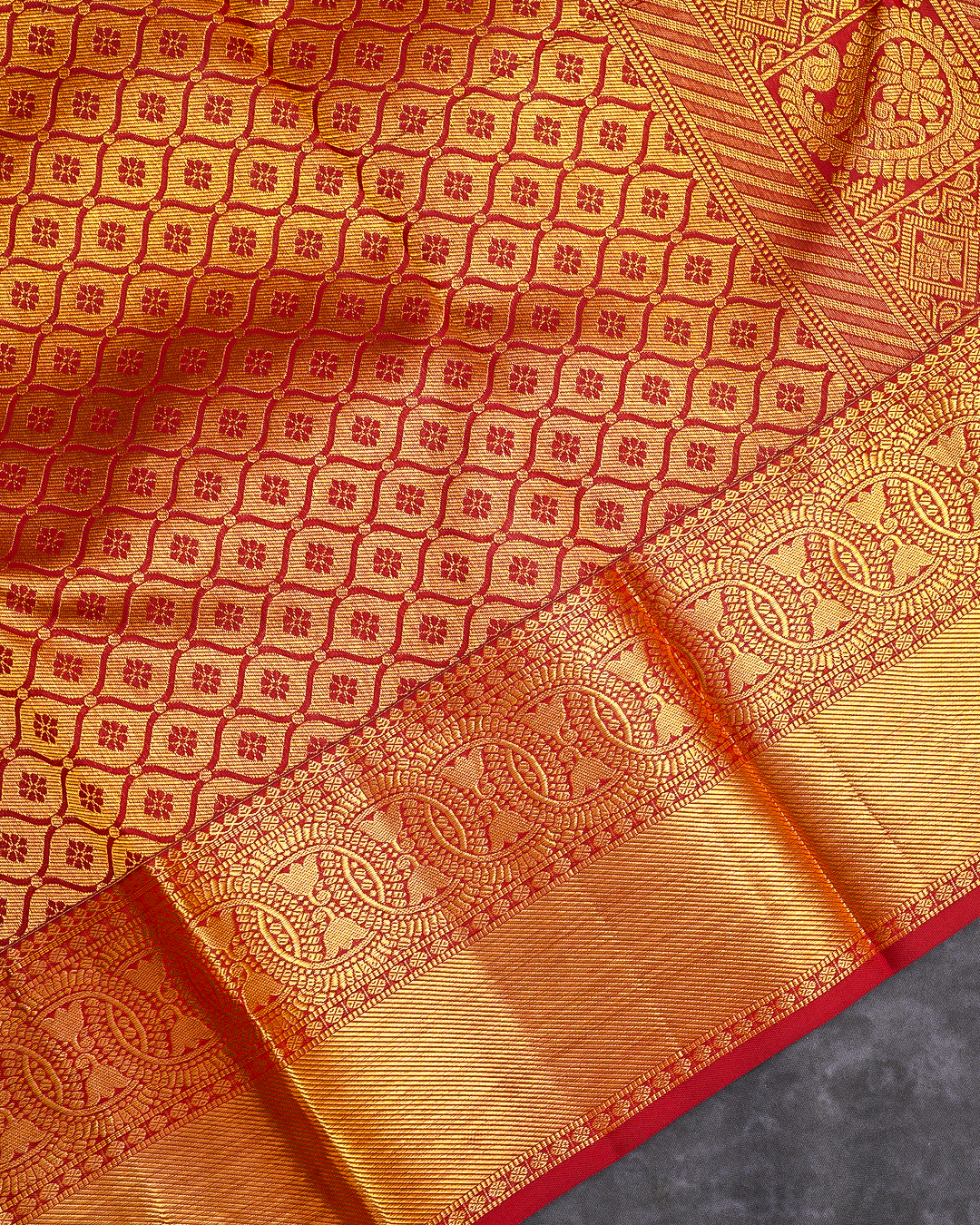 Chilli Red Kanchi Silk Wedding Saree with Jacquard Kodi Malar Design