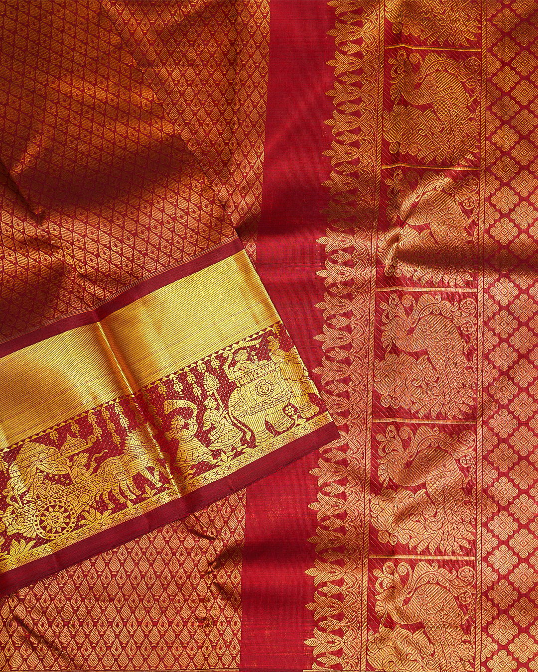 Red Kanchi Silk Wedding Saree with Jacquard Design and Contrast Borders