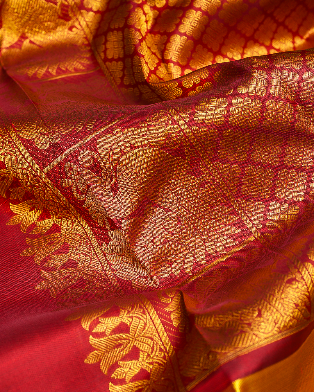 Red Kanchi Silk Wedding Saree with Jacquard Design and Contrast Borders