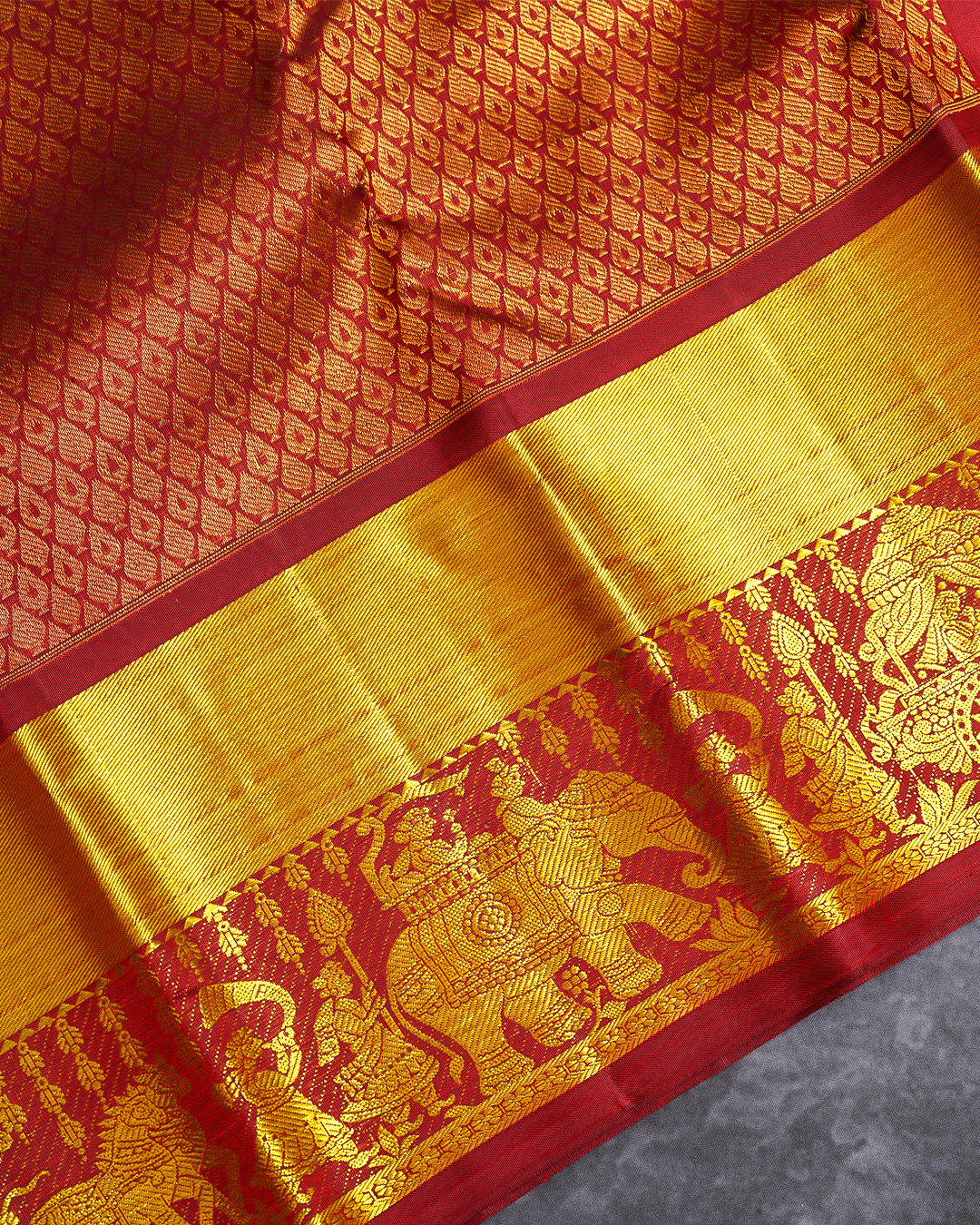 Red Kanchi Silk Wedding Saree with Jacquard Design and Contrast Borders