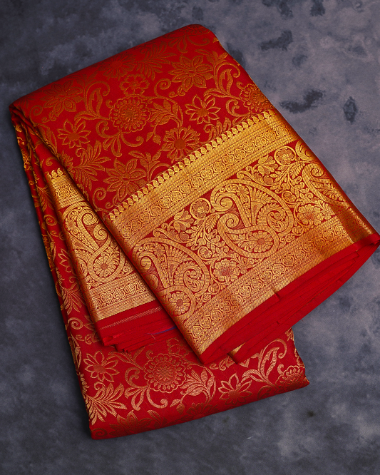 Red Kanchipuram Silk Wedding Saree with Jacquard Kodi Malar Design