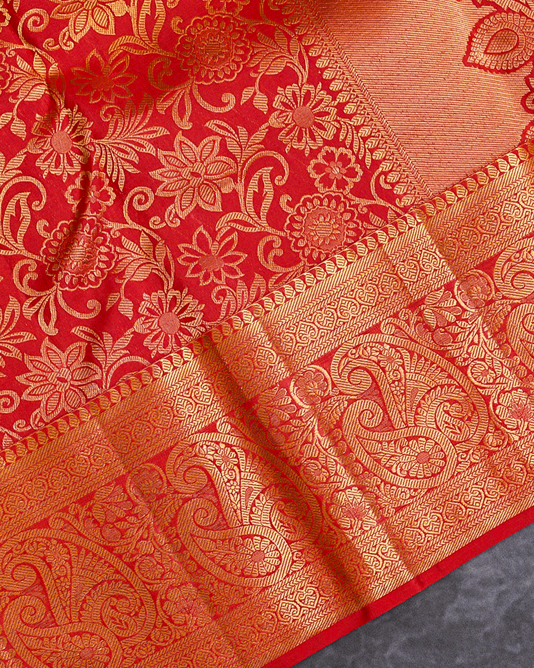 Red Kanchipuram Silk Wedding Saree with Jacquard Kodi Malar Design