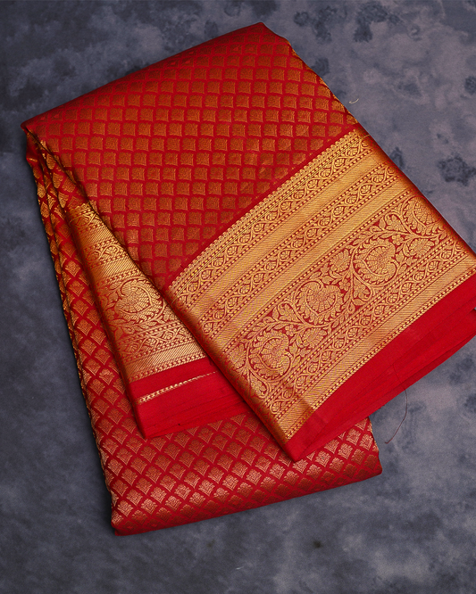 Traditional Red Kanchipuram Bridal Silk Saree with Gold Zari Designs