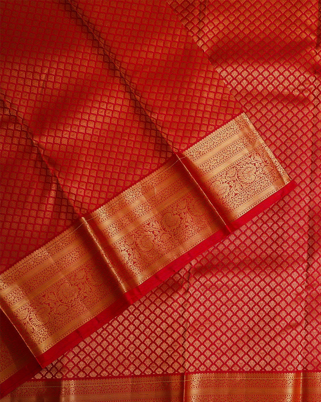 Traditional Red Kanchipuram Bridal Silk Saree with Gold Zari Designs