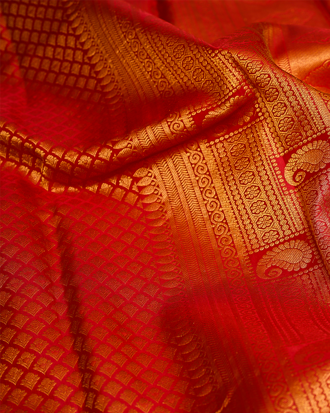 Traditional Red Kanchipuram Bridal Silk Saree with Gold Zari Designs