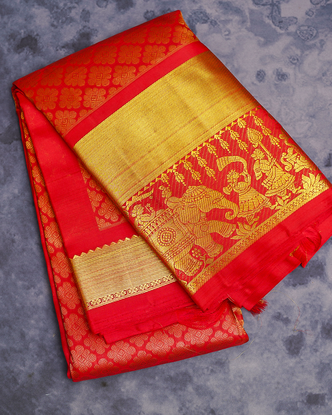 Red Kanchi Silk Wedding Saree with Big Border and Thillagam Jacquard Design