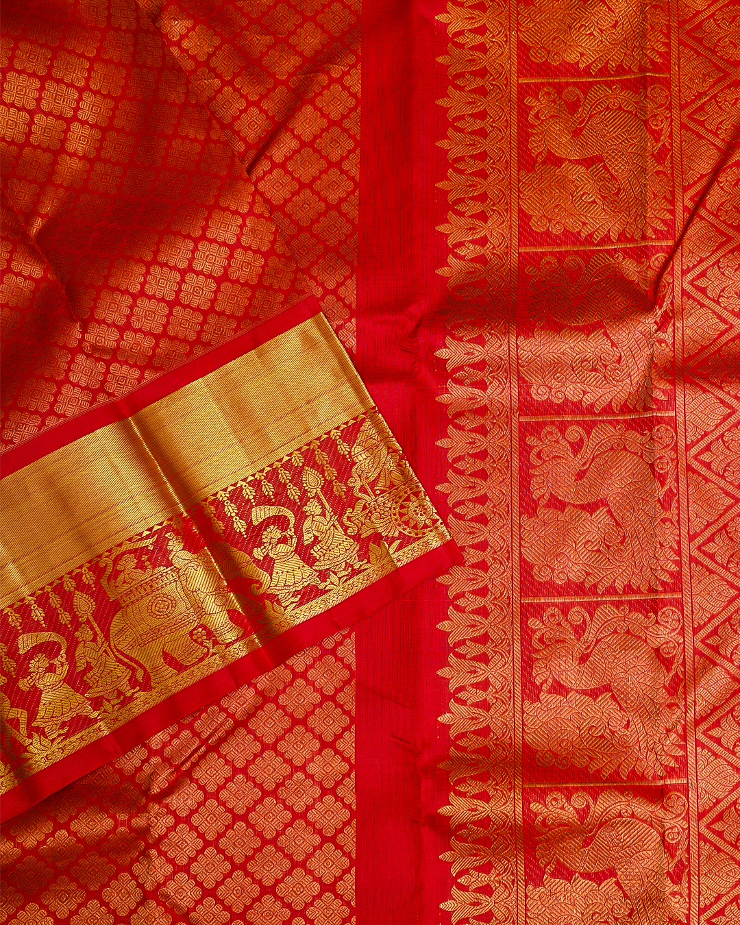 Red Kanchi Silk Wedding Saree with Big Border and Thillagam Jacquard Design