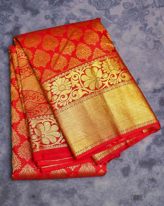 Red Kanchi Silk Wedding Saree with Jacquard Floral Design and Triangle Motif