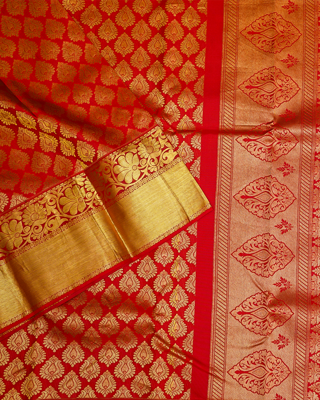 Red Kanchi Silk Wedding Saree with Jacquard Floral Design and Triangle Motif