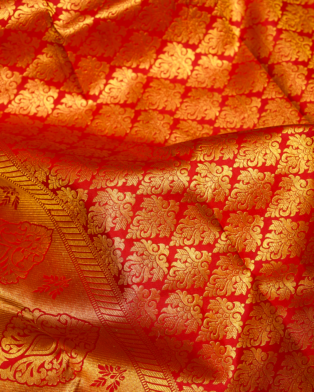 Red Kanchi Silk Wedding Saree with Jacquard Floral Design and Triangle Motif