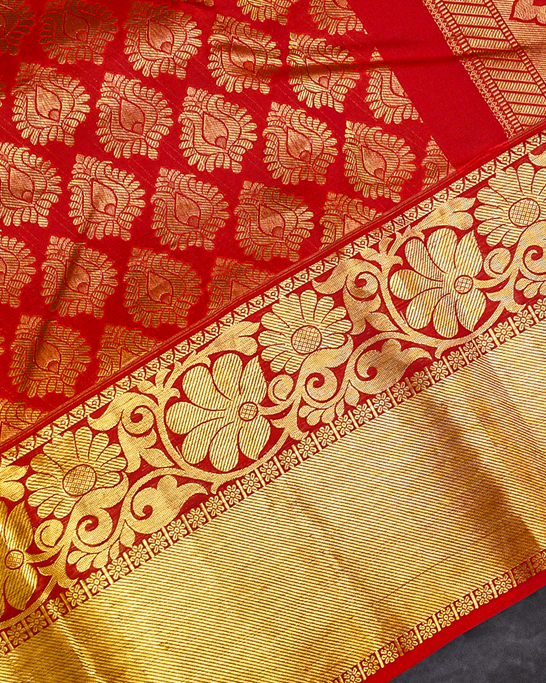 Red Kanchi Silk Wedding Saree with Jacquard Floral Design and Triangle Motif