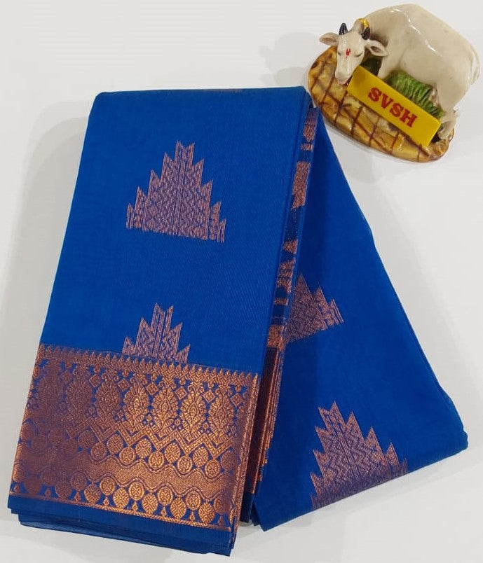 Kanchipuram Silk Cotton Sarees in Blue with Copper Zari border