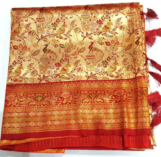 Gold Banarasi Saree with Red Border and Peacock Kodi Malar Designs