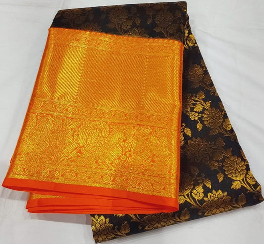 Black with Orange Border Jacquard Wedding Saree with Contrast Details