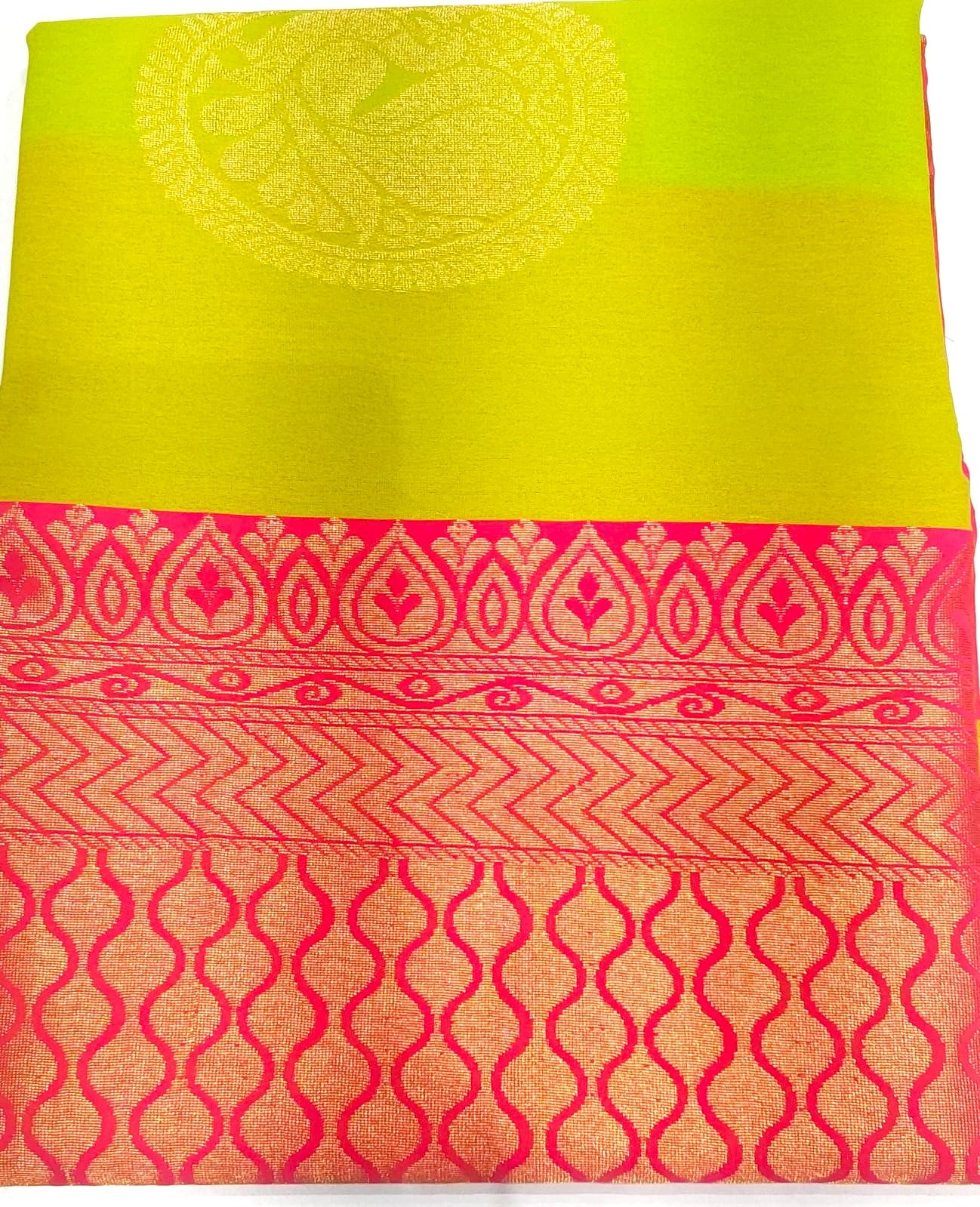 Kanchipuram Silk Cotton Saree in Parrot Green with pink border