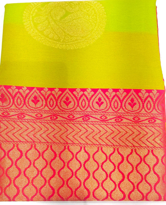 Kanchipuram Silk Cotton Saree in Parrot Green with pink border