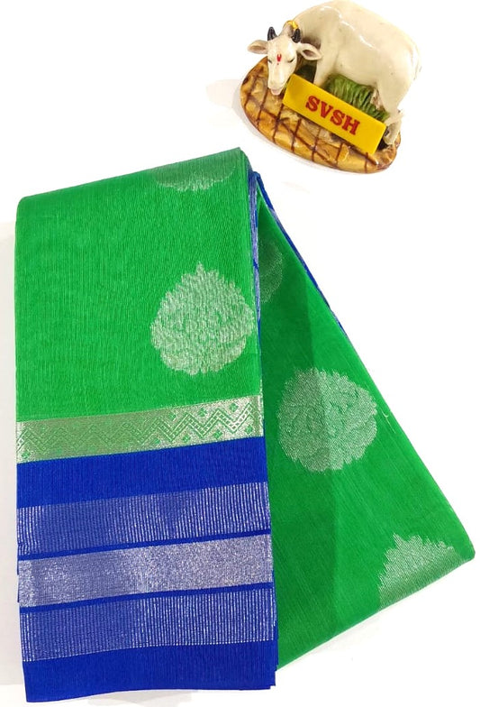 Kanchipuram Silk Cotton Saree in Parrot Green with blue color border