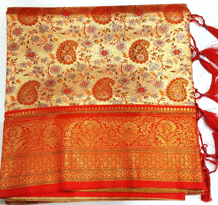 Gold Banarasi Saree with Red Border and Artistic Mango Kodi Malar Patterns