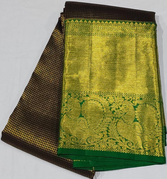 Dark Brown Kanchipuram Silk Saree with Contrast Green Border