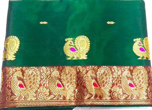 Thread Work Silk Saree in Dark Green with Annam Design