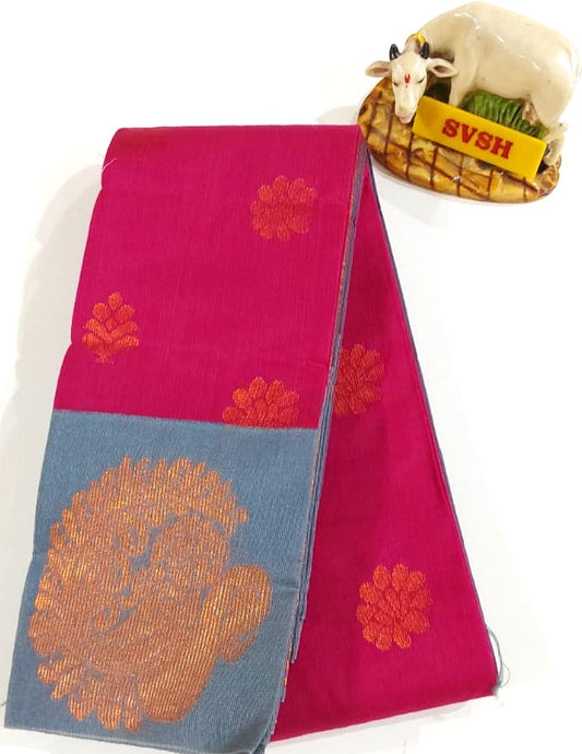 Kanchipuram Silk Cotton Saree in Pink with grey color border