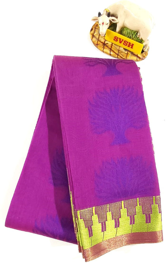 Kanchipuram Silk Cotton Saree in Magenta with lemon yellow color border