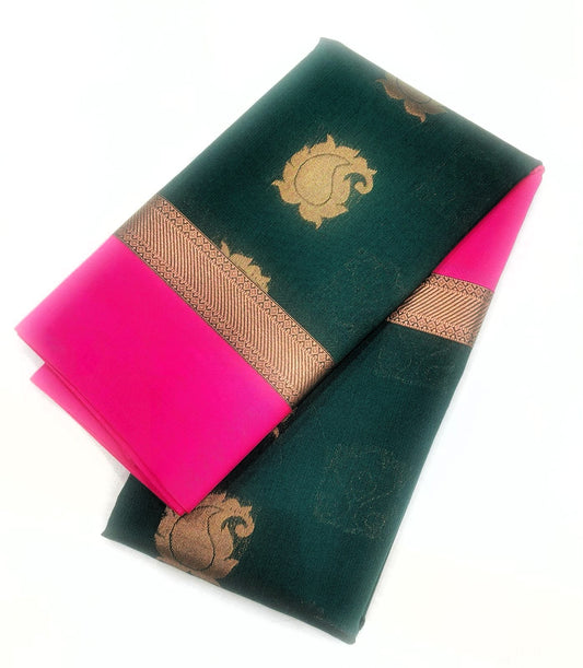 Kanchipuram Silk Cotton Saree in Green with Pink Contrast Border