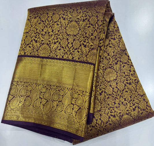 Aubergine Jacquard Wedding Saree with Zari Border Design