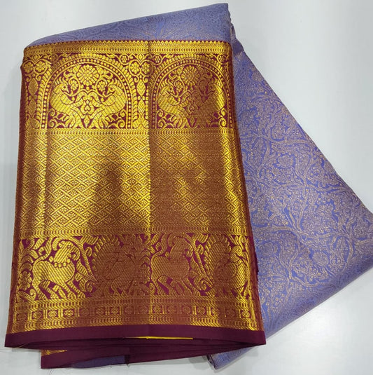 Purple Blue with Wine Border Jacquard Wedding Saree with Zari Design