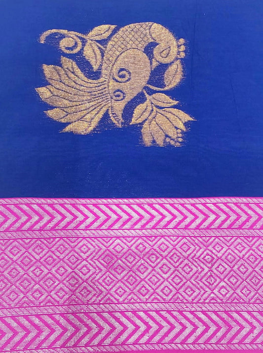 Kanchipuram Silk Cotton Saree in Royal blue color with Pink border