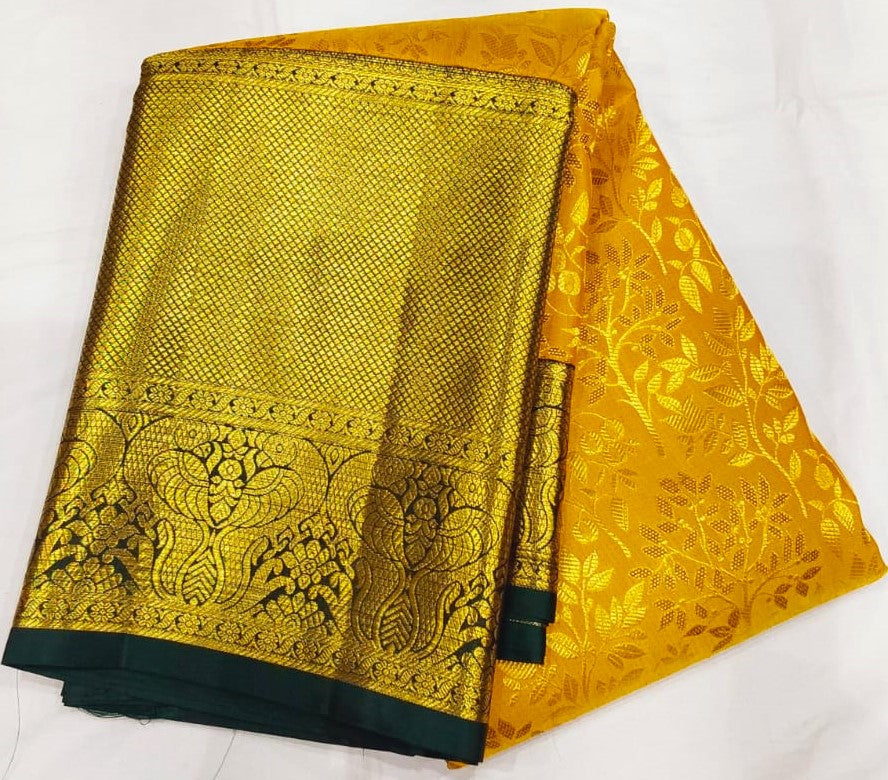 Mustard Yellow with Green Border Jacquard Wedding Saree with Contrast Zari Border