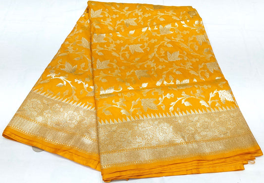 Yellow Banarasi Saree with Silver Zari Kodi Malar Designs