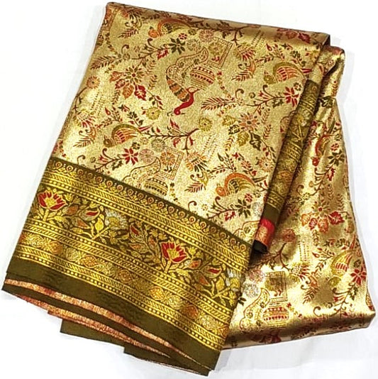 Gold Banarasi Saree with Olive Green Border and Peacock Kodi Malar Designs