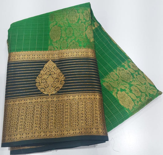 Semi Silk Party Wear Saree in Leaf Green with Black Border