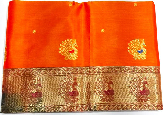 Thread Work Silk Saree in Orange with Yellow Shade