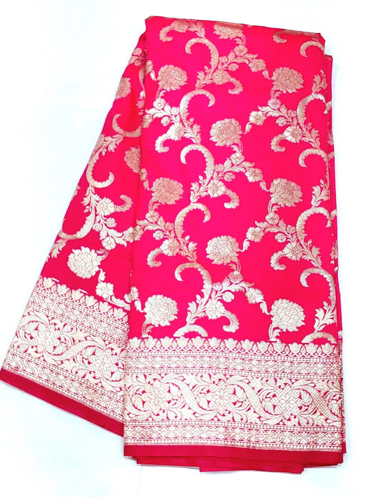 Rani Pink Banarasi Saree with Silver Zari Kodi Malar Designs