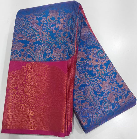 Blue Jacquard Semi-Silk Party Wear Saree with Contrast Pink Border