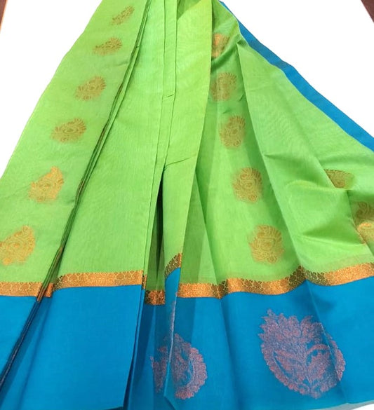 Kanchipuram Silk Cotton Saree in Rexona Green with Sky Blue and Gold Zari Border