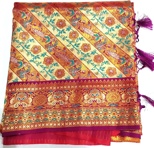 Multi-Color Banarasi Saree with Peacock and Kodi Malar Designs