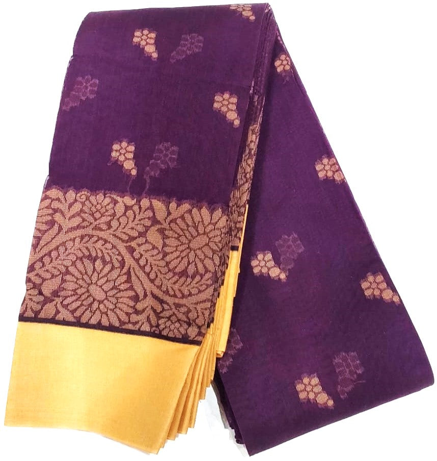 Kanchipuram Silk Cotton Sarees in Violet with yellow color border