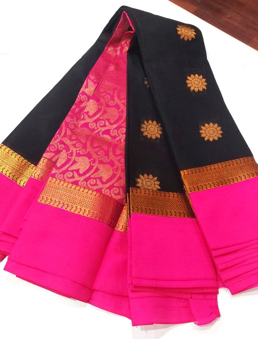 Kanchipuram Silk Cotton Saree in Black with Pink Contrast Border