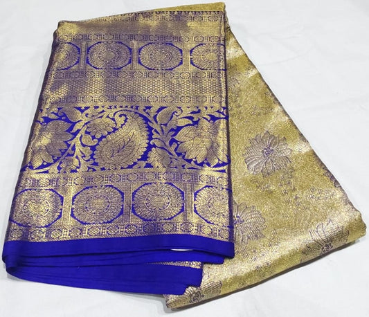 Grand Jacquard Wedding Kanchipuram Saree in Half White with Blue Long Border