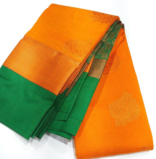 Kanchipuram Silk Cotton Sarees in Orange mixed yellow with green color border