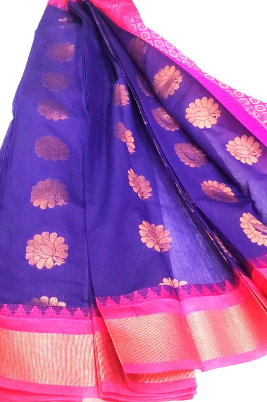 Kanchipuram Silk Cotton Saree in Blue with Pink Contrast Border